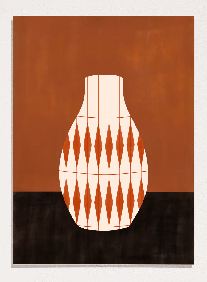 Shop Geometric Orange Vase by Elena Ristova, a modern wall art print poster featuring a cream vase with bold orange diamond patterns and rich rust tones.