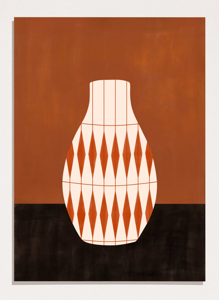 Shop Geometric Orange Vase by Elena Ristova, a modern wall art print poster featuring a cream vase with bold orange diamond patterns and rich rust tones.