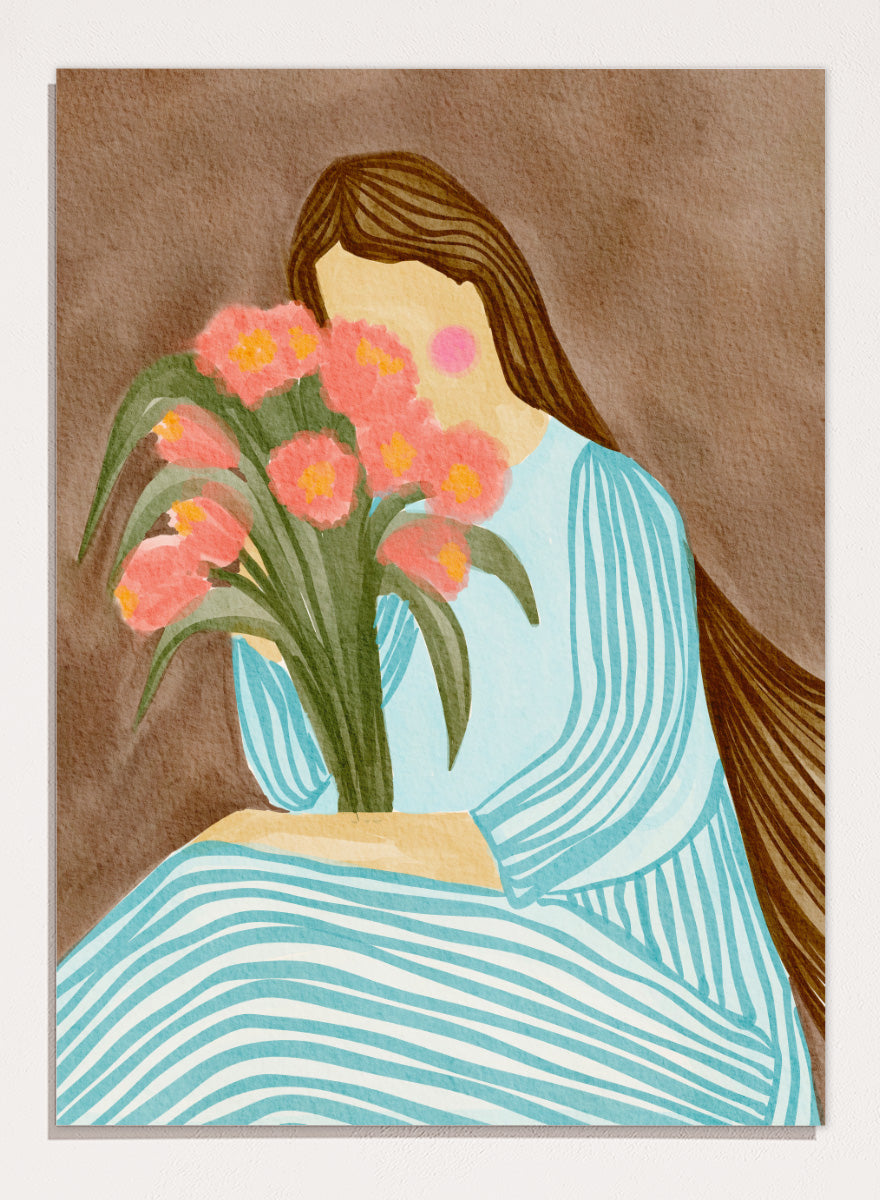 A stylized art print depicting a woman with long brown hair in a light blue striped dress holding a bouquet of pink tulips, set against a textured brown background. Shy Woman Pink Tulips by Nikita Jariwala, a figurative wall art print poster with pink tulips, blue dress illustration, and romantic floral decor.