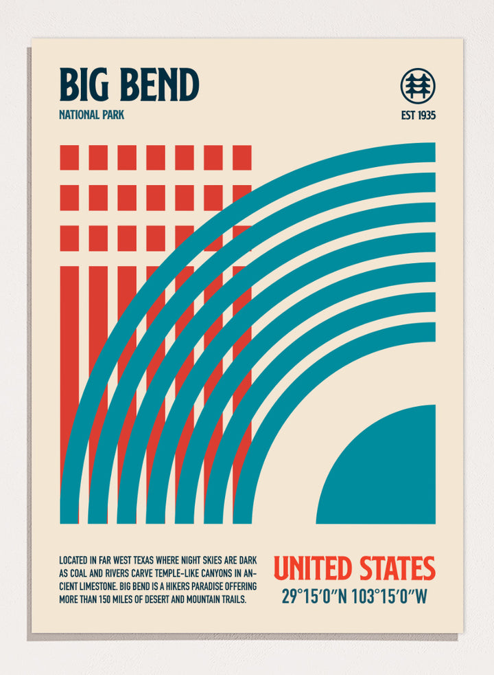 A stylized travel poster for Big Bend National Park featuring bold geometric graphics in teal and red on a warm beige background, with text including &