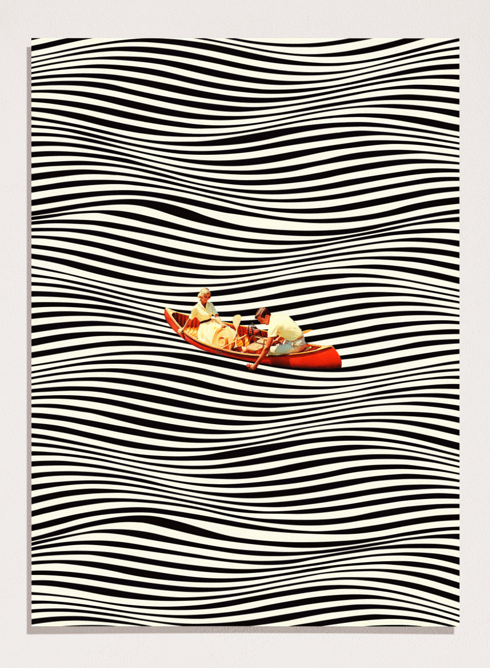 Two people in a red boat on a background of black and white wavy lines. The Real Boat Trip by Taudalpoi features a surreal boat illustration floating on black and white wavy lines. Retro collage art print with optical illusion design and optional framing.