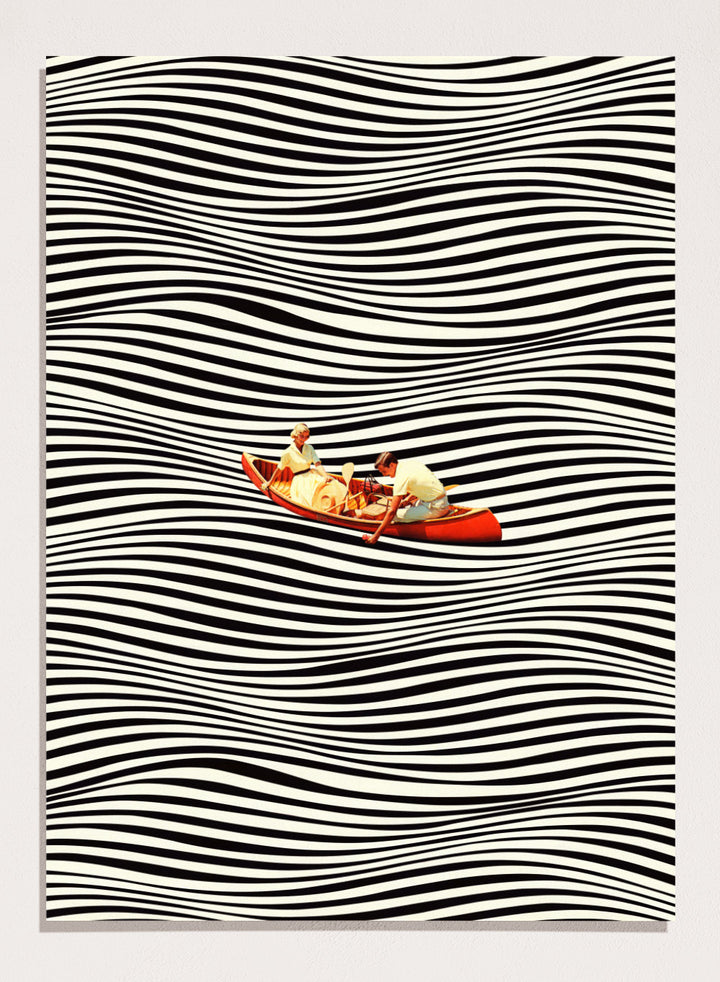 Two people in a red boat on a background of black and white wavy lines. The Real Boat Trip by Taudalpoi features a surreal boat illustration floating on black and white wavy lines. Retro collage art print with optical illusion design and optional framing.