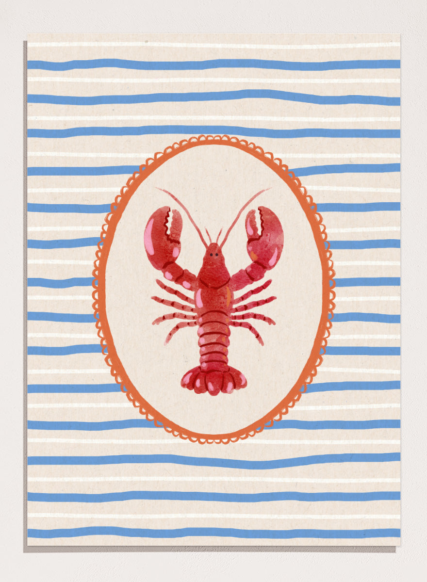 Red Lobster Stripes by Katarzyna Gąsiorowska coastal kitchen art print featuring a red lobster, blue stripes, and vintage Mediterranean-inspired details.