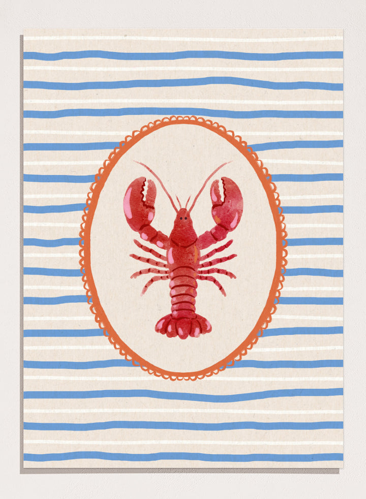Red Lobster Stripes by Katarzyna Gąsiorowska coastal kitchen art print featuring a red lobster, blue stripes, and vintage Mediterranean-inspired details.