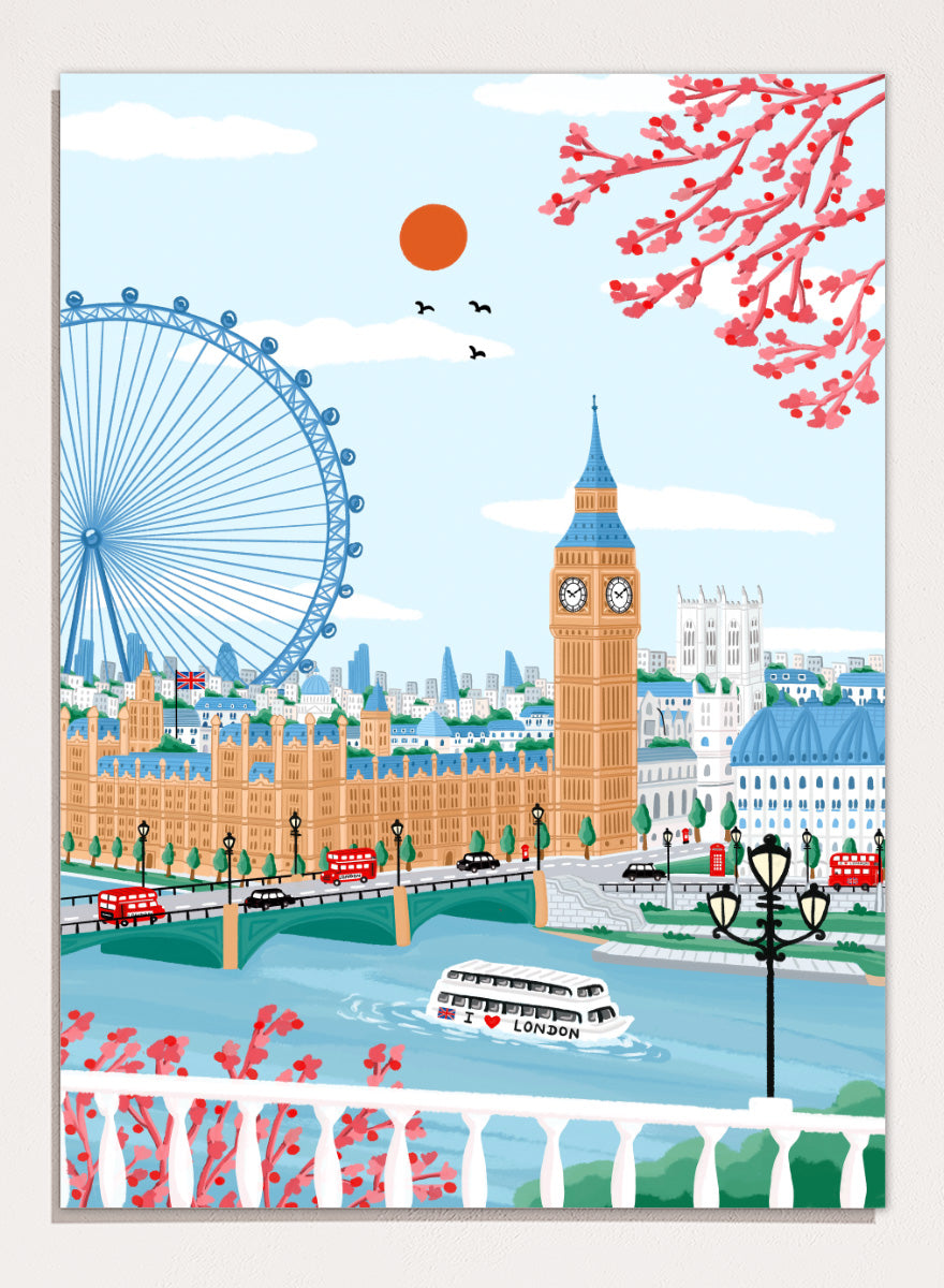 A colorful illustrated cityscape of London featuring Big Ben, the London Eye, red double-decker buses, a river boat, clouds, birds, and pink blossoms against a light blue sky. Shop Spring London Landmarks by Nidhi Kachhadiya, a colorful London wall art print featuring Big Ben, the London Eye, cherry blossoms, and bright spring city views.