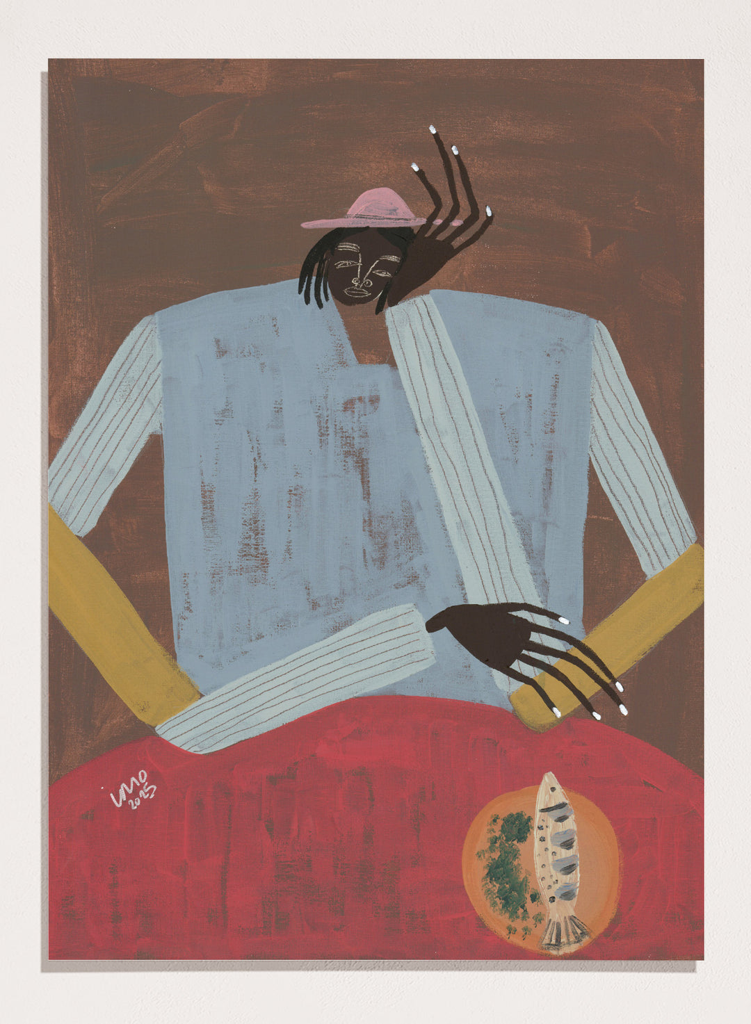 Artistic depiction of a person wearing a hat and sweater with a red background. Clear My Head by Studio IMO (Ibi Meier-Oruitemeka) is a modern figurative art print with a seated figure and contemporary portrait wall poster design.