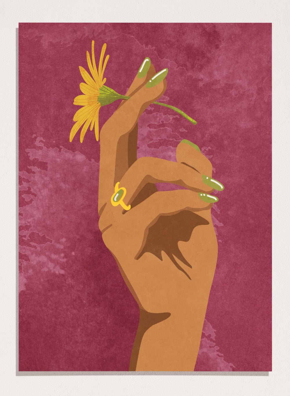 Illustration of a hand holding a yellow flower against a pink background. Smoking Flower by Raissa Oltmanns is a modern floral art print featuring a hand holding a yellow flower in bold contemporary wall poster style.