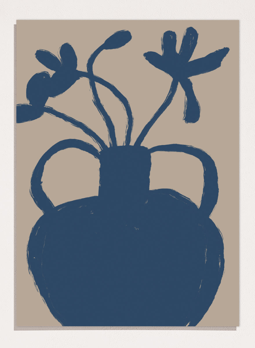 A minimalist art print featuring a dark blue silhouette of a vase with two handles and abstract flower stems, set against a warm beige background. Minimalist Blue Blooms by The Art Concept is a modern floral art print featuring a deep blue vase, loose flowers, and a warm beige background.