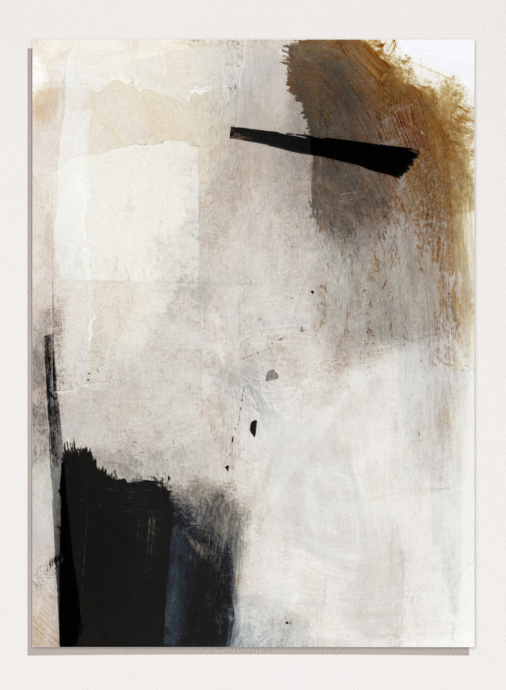Abstract mixed-media painting with layered off-white, beige, brown, and black brushstrokes. Shop Whole Day by Dan Hobday, a neutral abstract art print with bold black forms, soft earthy tones, layered brushwork, and a modern minimalist feel.