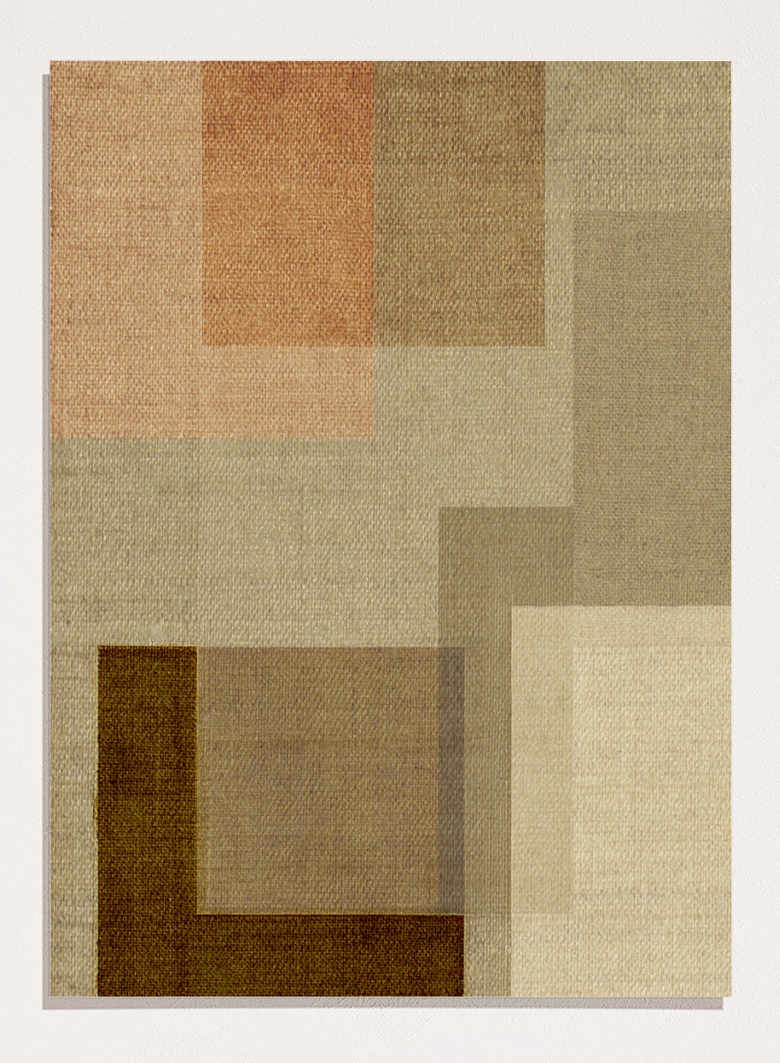 An abstract geometric area rug with a textured linen-like weave, featuring overlapping rectangles in shades of beige, brown, tan, and a muted peach-pink. Shop Muted Geometric Layers by Dan Hobday, a neutral abstract art print featuring layered geometric forms, soft earthy tones, and subtle woven texture.