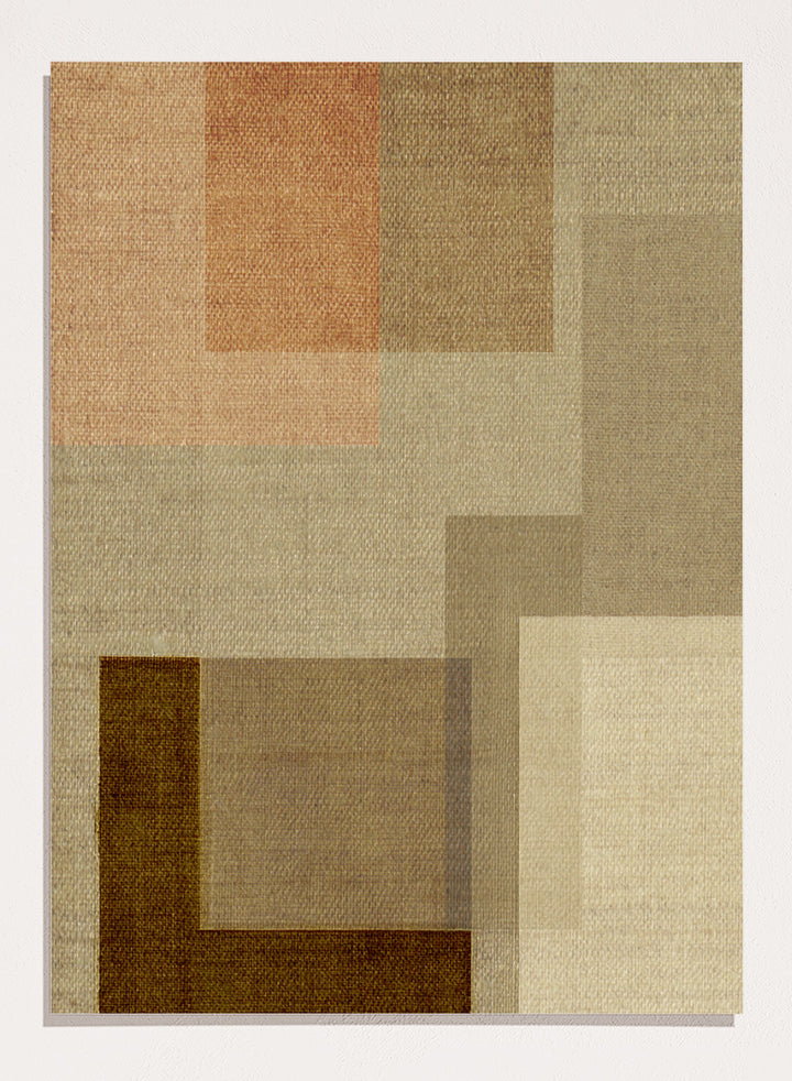 An abstract geometric area rug with a textured linen-like weave, featuring overlapping rectangles in shades of beige, brown, tan, and a muted peach-pink. Shop Muted Geometric Layers by Dan Hobday, a neutral abstract art print featuring layered geometric forms, soft earthy tones, and subtle woven texture.