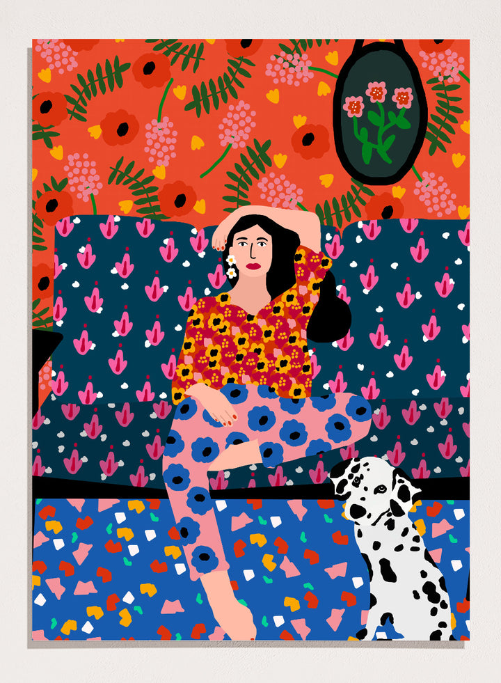Colorful abstract art piece with a woman and dog on a patterned background. Girl in the Sofa by Rafaela Mascaro fine art print poster featuring lounging woman, Dalmatian dog, bold patterned couch, floral wallpaper, modern contemporary wall art.
