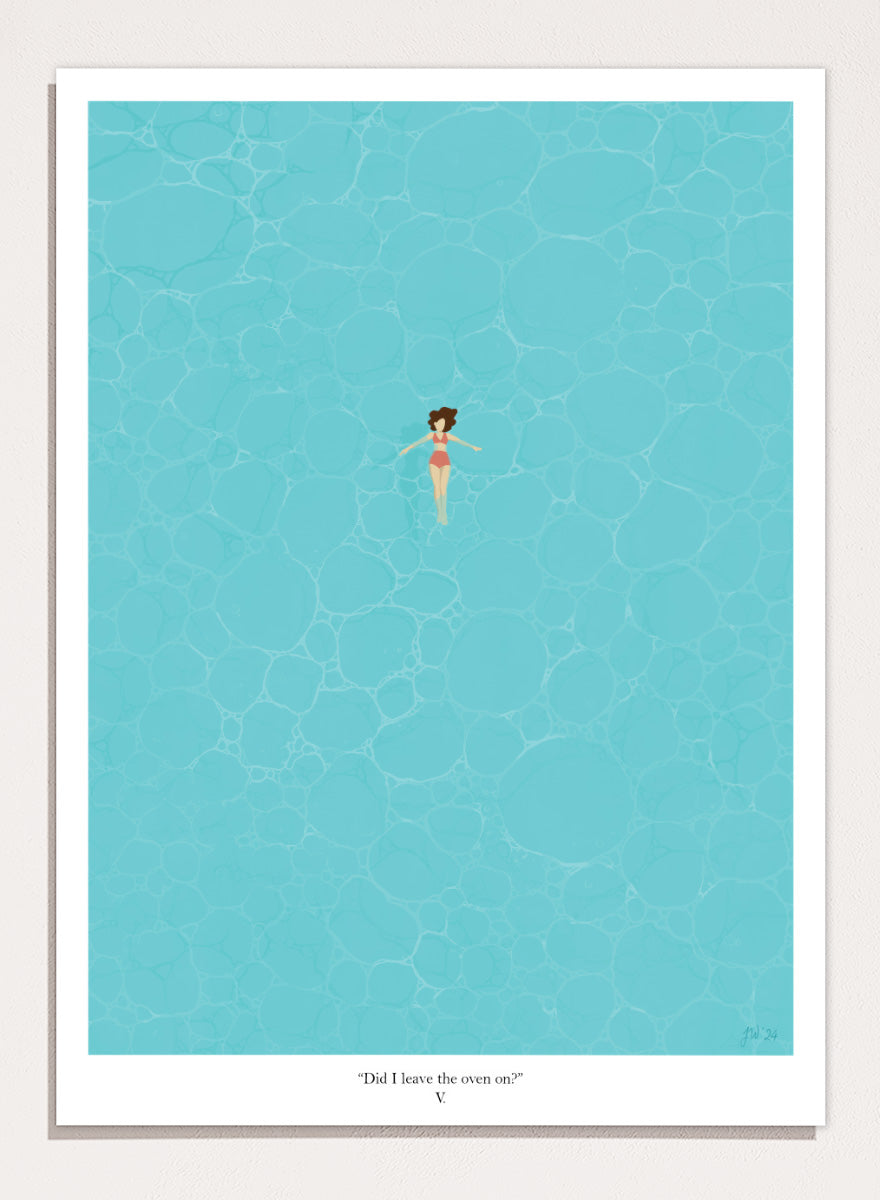 A minimalist art print featuring a small illustrated figure floating in a turquoise pool of water, with a black border and the caption &
