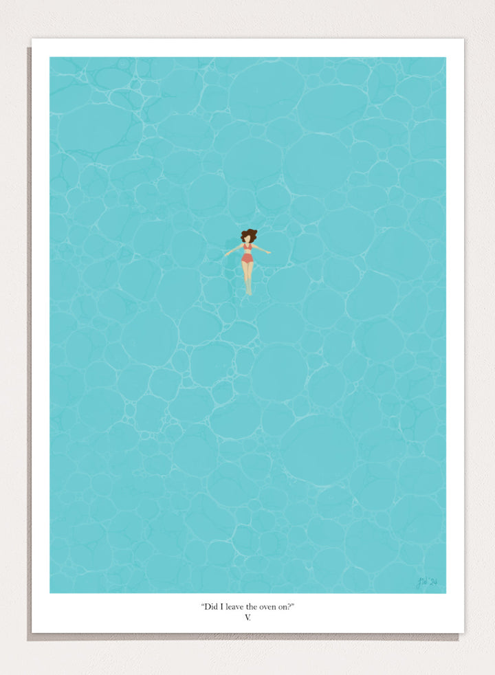 A minimalist art print featuring a small illustrated figure floating in a turquoise pool of water, with a black border and the caption &