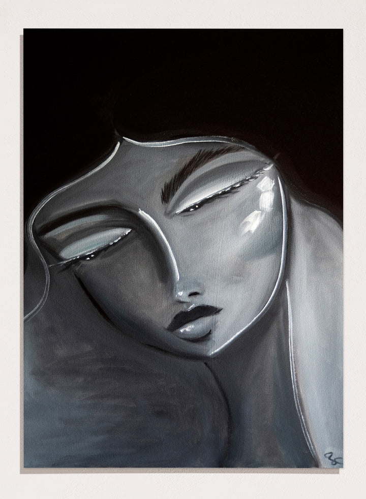 Artistic depiction of a stylized face with long hair on a dark background. Serene Woman Portrait by Amy Straley is a contemporary figurative art print featuring a monochromatic female portrait in soft grey and silver tones.