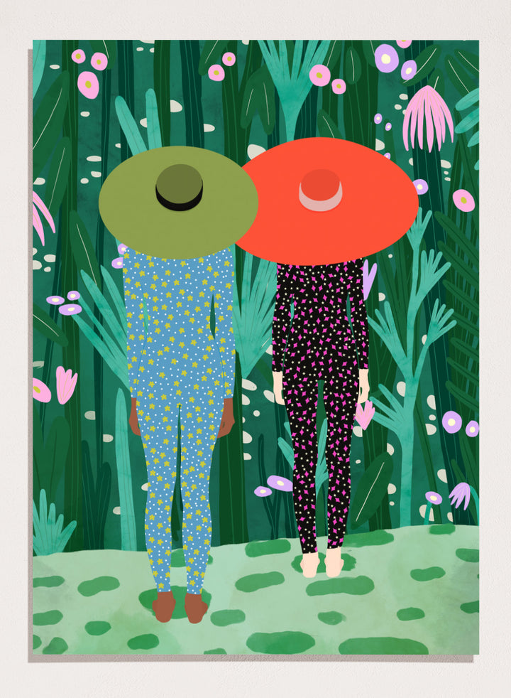 Two people with large hats walking through a lush, colorful forest. Jungle Pajamas by Jota de Jai is an officially licensed fine art wall poster about friendship and quiet connection, available framed or unframed.