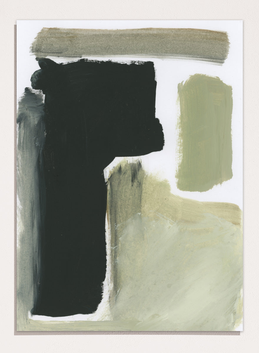 Shop Total by Dan Hobday, a contemporary abstract art print featuring charcoal black, olive green, sage, and beige with bold textured forms.