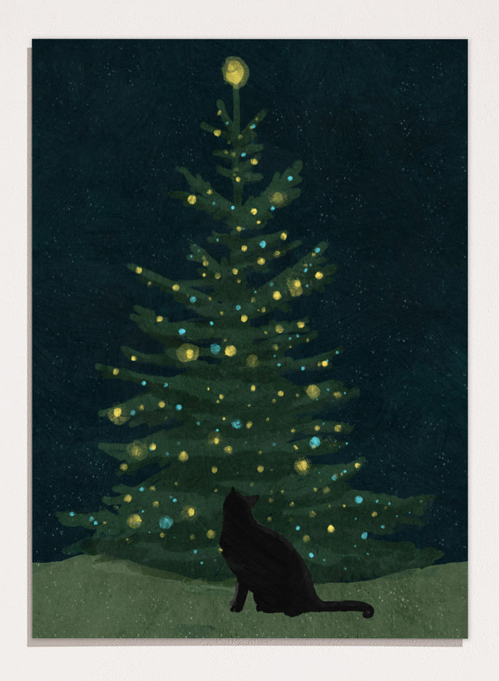 Shop Christmas Wishes by Katie O’Shea, a charming black cat Christmas wall art print poster featuring a glowing tree, festive lights, and deep green tones.