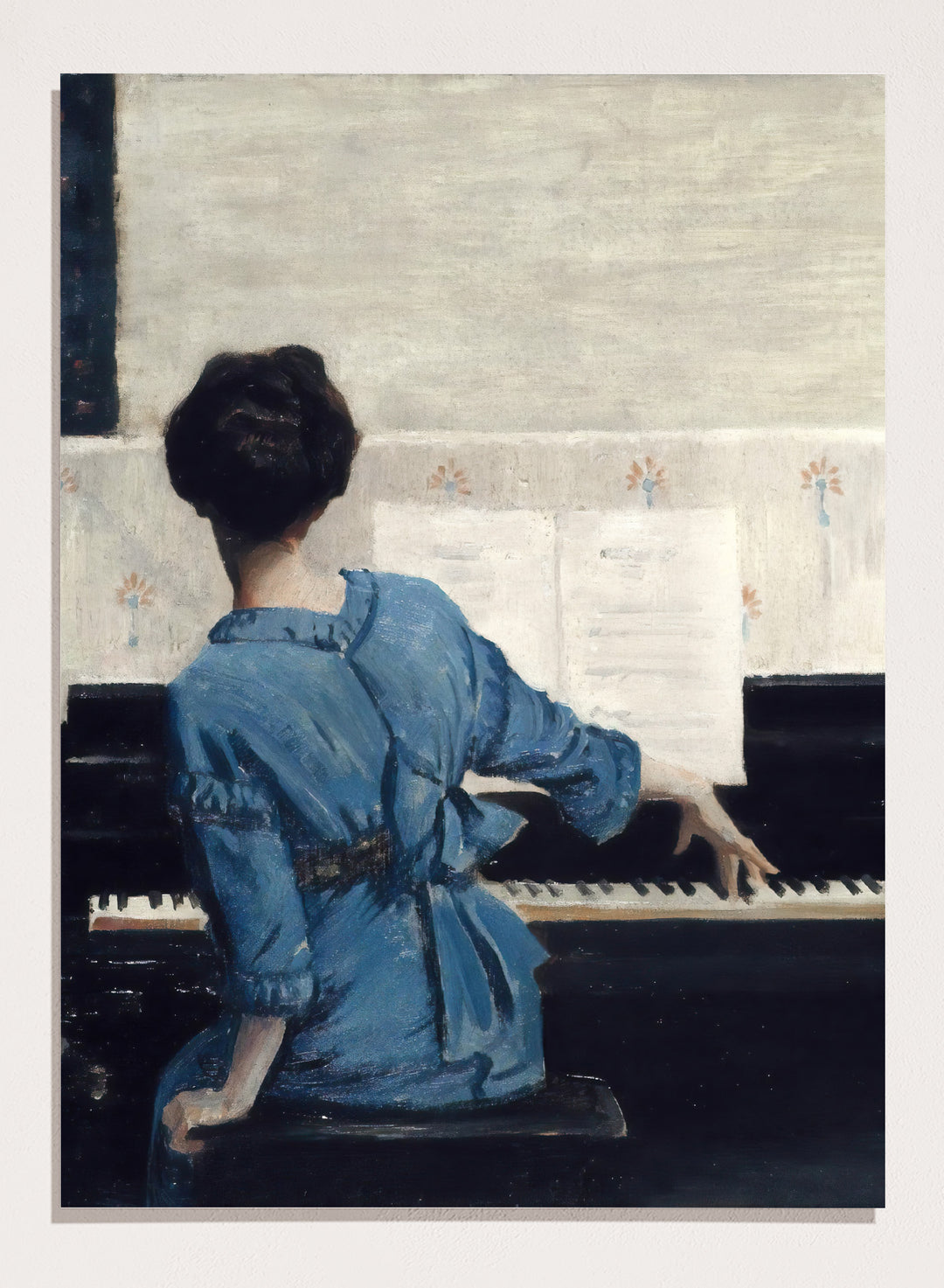 The Keynote by William Merritt Chase is a vintage piano print of a woman in a blue robe playing piano, a music room scene in soft blue tones.