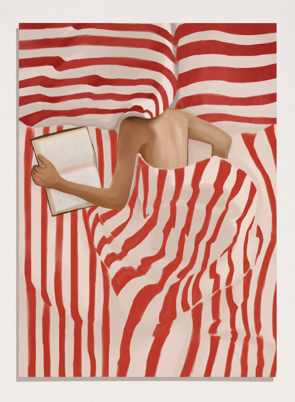Between the Lines by Flow Line art print shows a woman reading in bed wrapped in red striped bedding. A modern lifestyle wall poster inspired by slow evenings.