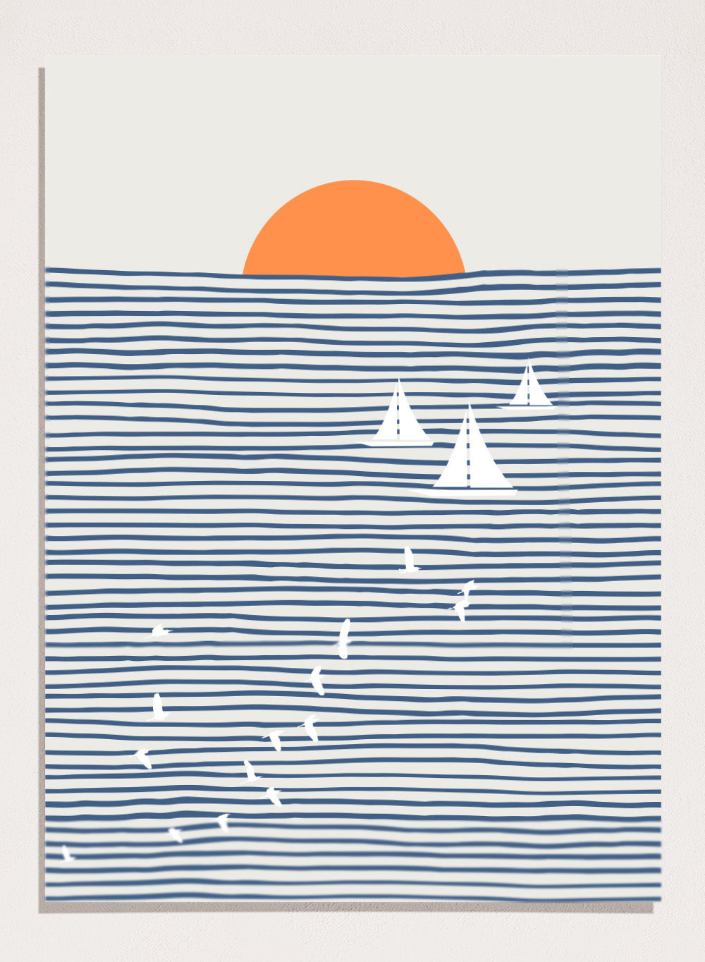 Three White Sails art print by Little Dean. Contemporary coastal wall art with sailboats, birds, striped ocean lines, orange sun, modern illustration poster design.