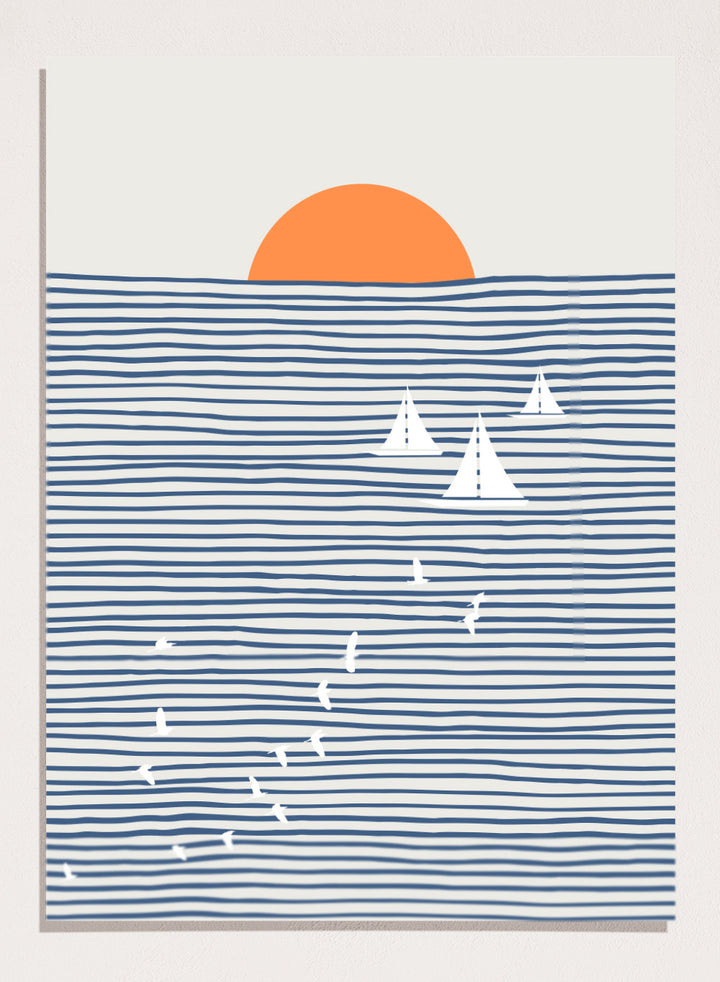 Three White Sails art print by Little Dean. Contemporary coastal wall art with sailboats, birds, striped ocean lines, orange sun, modern illustration poster design.