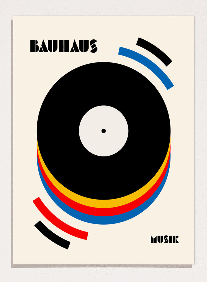 A Bauhaus-style poster featuring a large black vinyl record graphic with concentric red, yellow, and blue rings on a warm cream background, with the words &