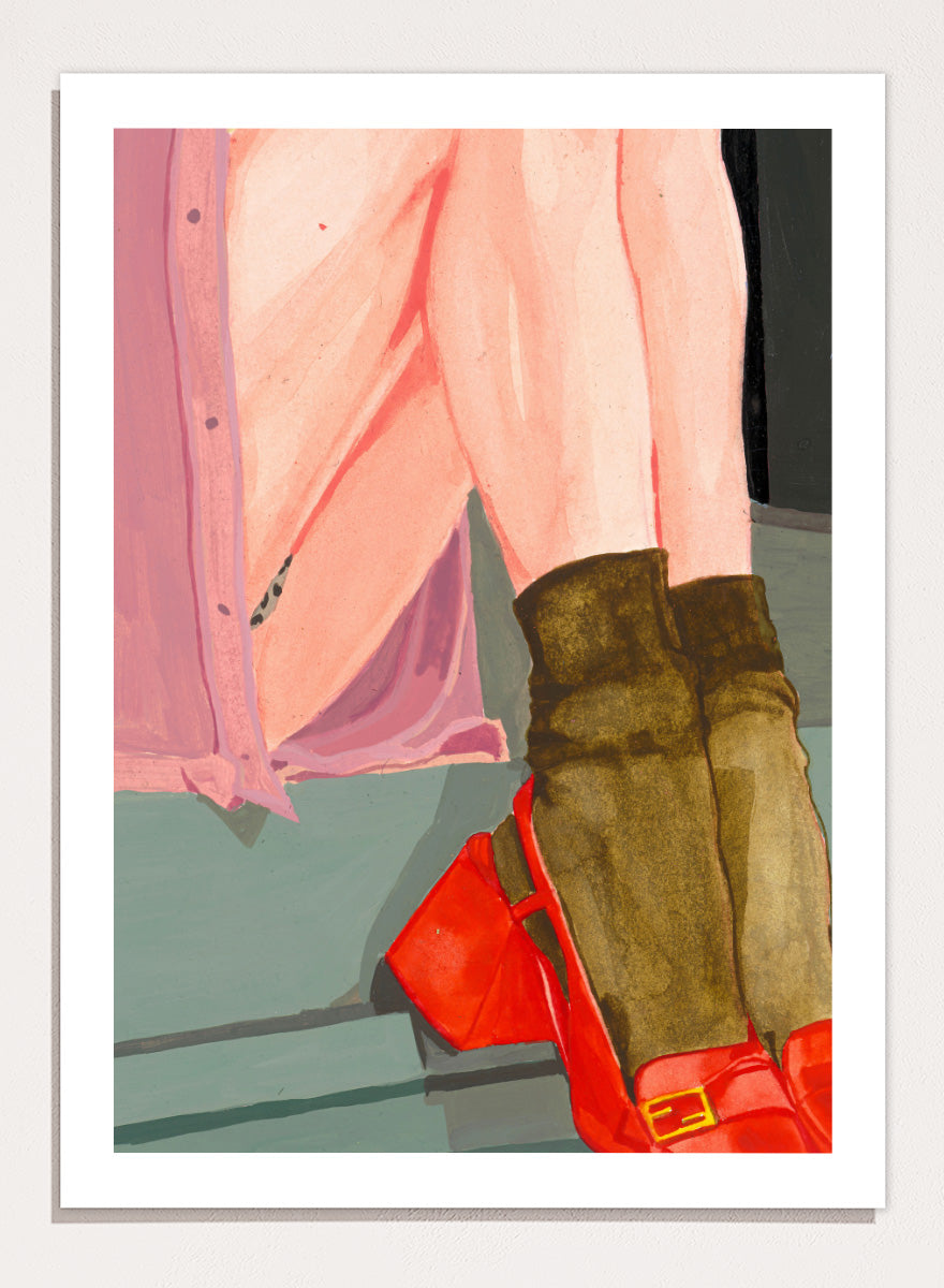 Shop Colorful Legs Red Shoes by Sophia Novosel, a modern figurative wall art print poster featuring red shoes, boots, legs, and fashion details.
