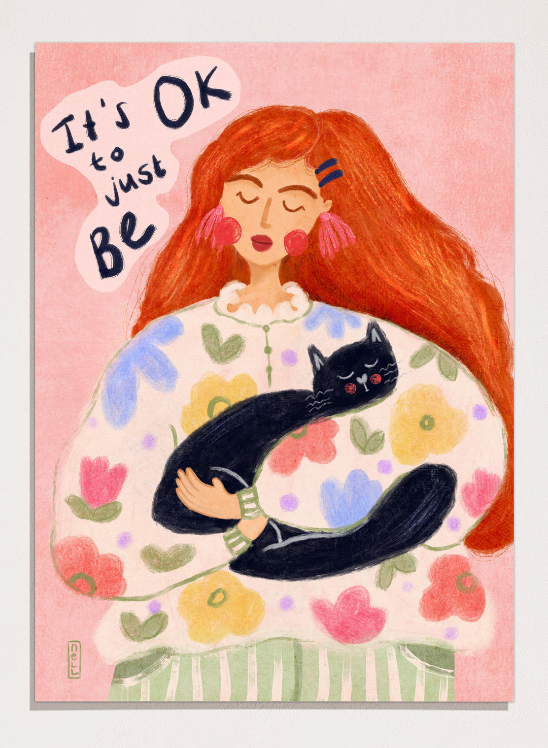 Peaceful Cat Cuddles by Dirkie Nell is a colorful cat art print featuring floral illustration, cozy pastel tones, whimsical wall art, and expressive hand painted details.