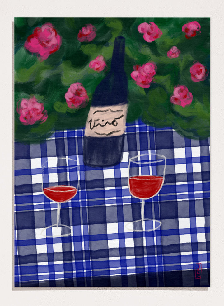 A painted still life scene featuring a dark wine bottle labeled &