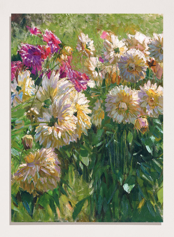 In “Dahlias” vintage art print, Carl Moll captures a vibrant cluster of garden flowers with bold brushwork and luminous color. Ivory, peach, and plum-colored dahlias fill the canvas, their petals nestled among dense green stems. This antique botanical poster is ideal for farmhouse and cottagecore interiors.