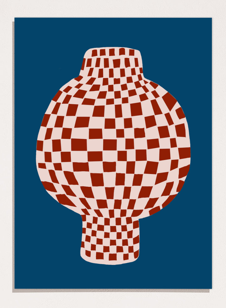 A stylized graphic illustration of a vase with a red and cream checkerboard pattern, set against a dark blue background. Optical Checkered Vase by The Art Concept is a modern still life art print featuring a red checkered vase on a deep blue background in a bold graphic style.