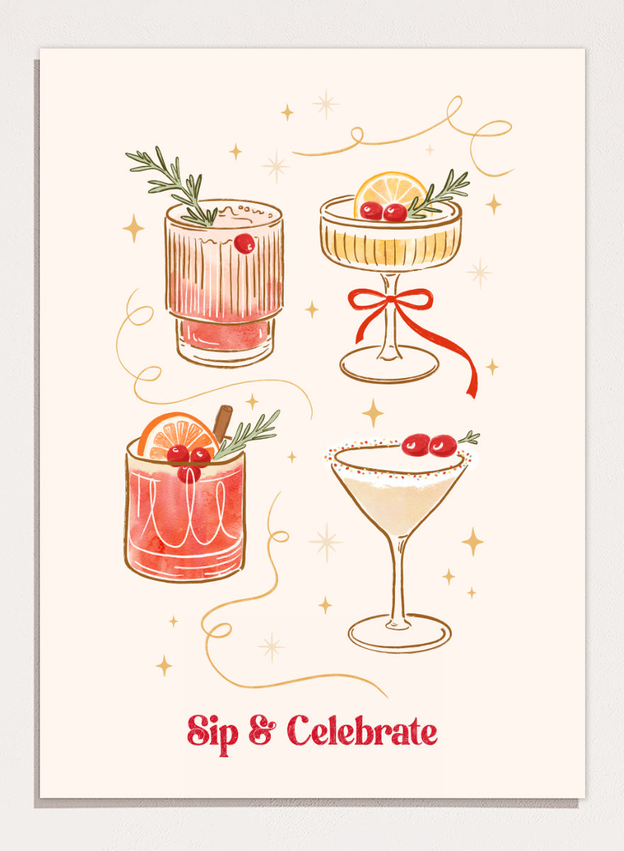 Shop Festive Holiday Christmas Cocktails by Katarzyna Gąsiorowska, a festive cocktail wall art print poster featuring illustrated drinks, cherries, and citrus.