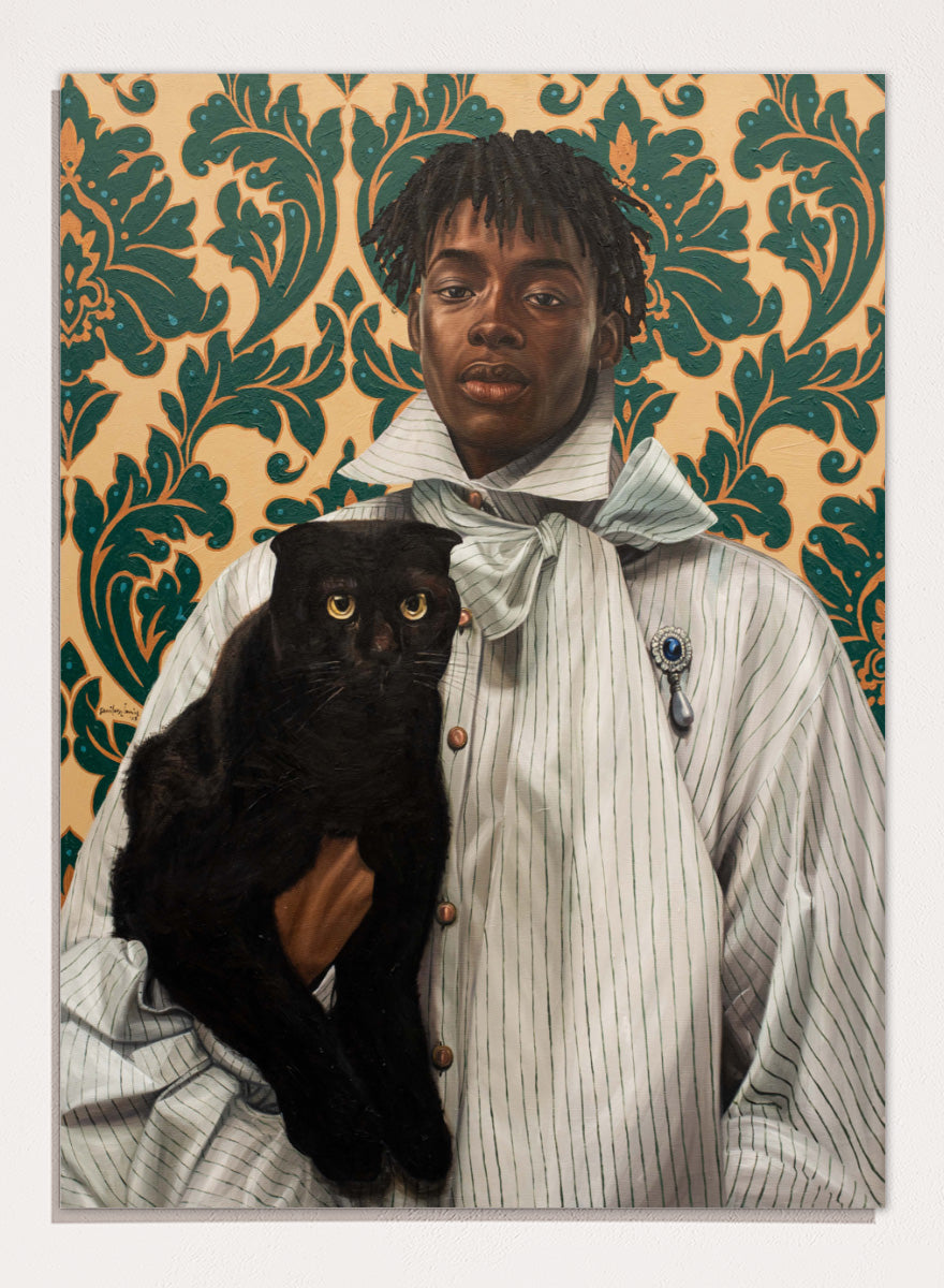 A portrait-style artwork showing a person in a pale striped shirt with a bow tie holding a black cat, set against ornate green damask wallpaper. Shop Elegant Portrait Black Cat by Damilare Jamiu, a contemporary figurative wall art print featuring a stylish portrait, black cat, and rich teal and gold pattern.