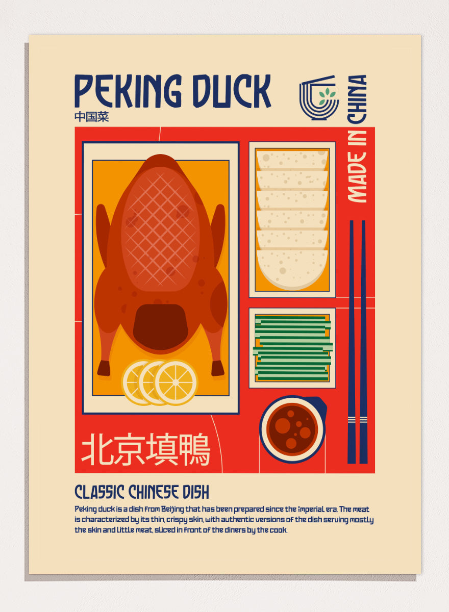 A stylized travel poster of Peking Duck, featuring a large illustration of a roasted duck, steamed buns, chopsticks, and a bowl of sauce on a beige background with red and blue graphic borders. Classic Peking Duck by Retrodrome retro kitchen art featuring Peking duck, pancakes, scallions, dipping sauce, Chinese typography, and bold vintage color.