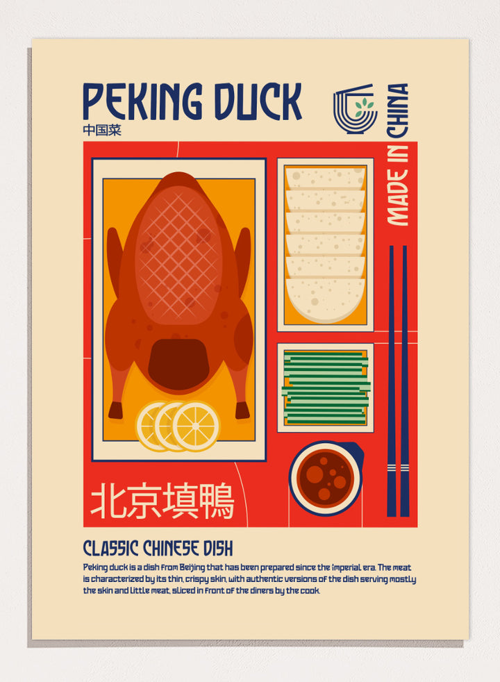 A stylized travel poster of Peking Duck, featuring a large illustration of a roasted duck, steamed buns, chopsticks, and a bowl of sauce on a beige background with red and blue graphic borders. Classic Peking Duck by Retrodrome retro kitchen art featuring Peking duck, pancakes, scallions, dipping sauce, Chinese typography, and bold vintage color.
