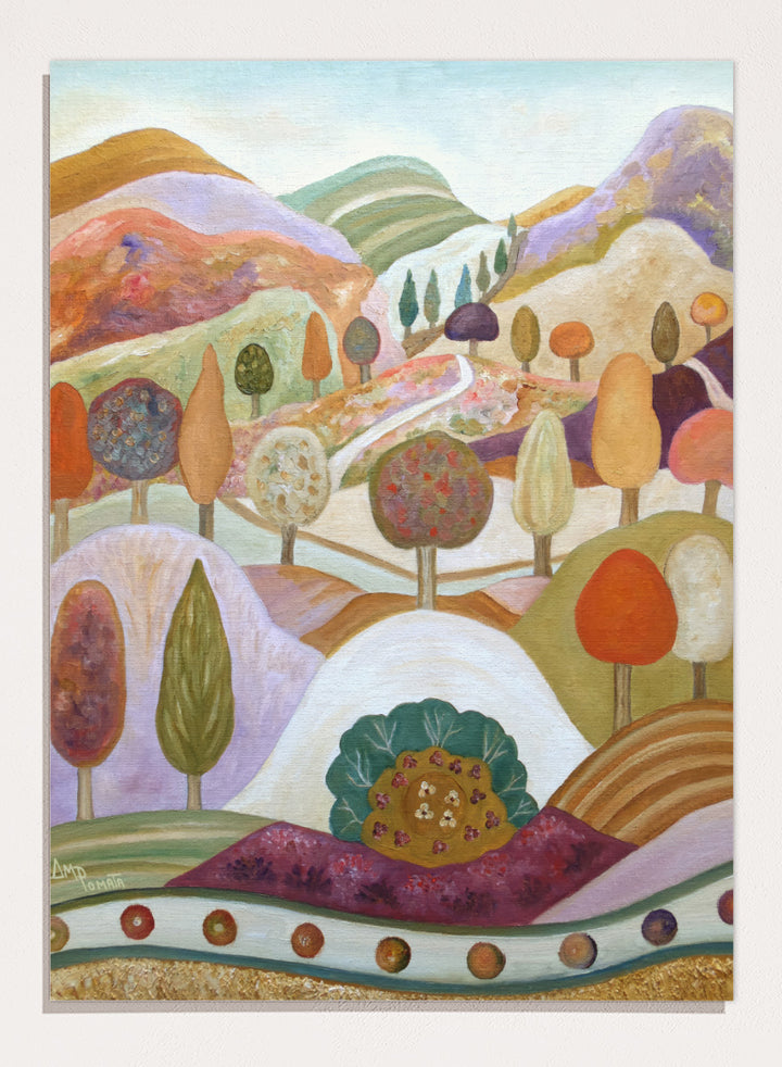 A colorful landscape painting featuring stylized hills, rolling hills, and trees in pastel and earthy tones. Shop Whimsical Autumn Landscape by Angeles M. Pomata, a colorful fall landscape art print featuring rolling hills, winding paths, and stylized autumn trees.