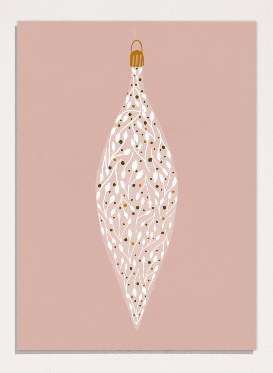 Shop Ornament On Pink by Katie O’Shea, a botanical Christmas wall art print poster featuring white leafy branches, green and gold details, and a dusty pink background.
