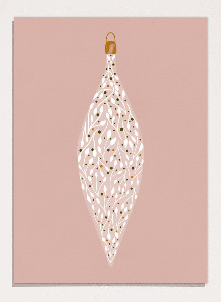 Shop Ornament On Pink by Katie O’Shea, a botanical Christmas wall art print poster featuring white leafy branches, green and gold details, and a dusty pink background.