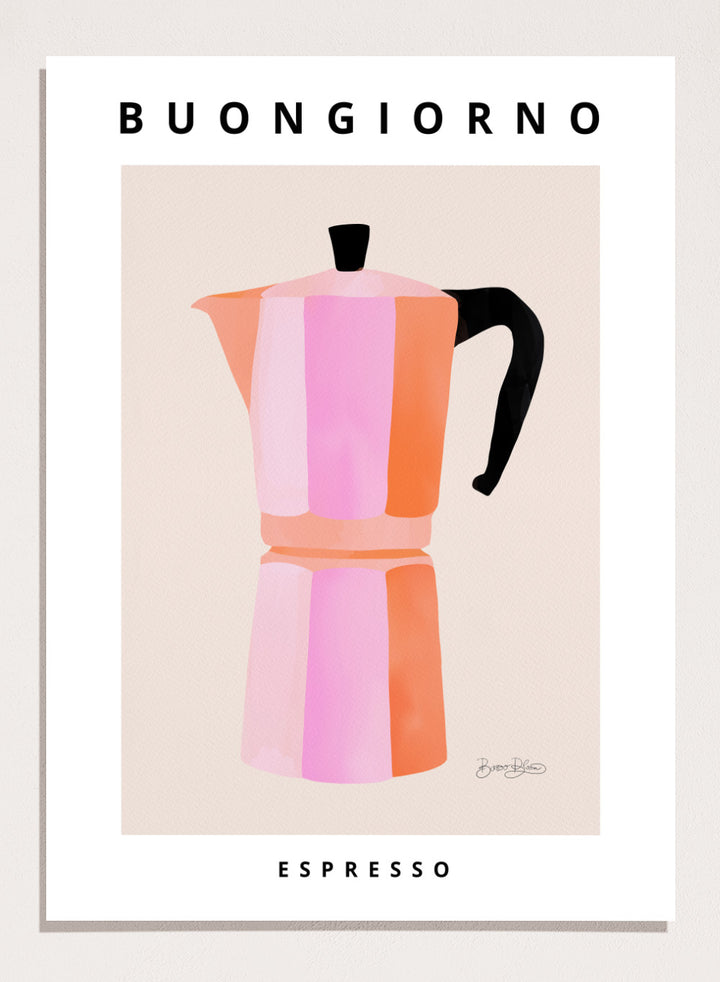 Colorful pink striped coffee maker with 'Buongiorno Espresso' text on a beige background. Buongiorno Espresso by Baroo Bloom is a modern coffee art print featuring a colorful moka pot illustration. Officially licensed wall poster with optional framing.