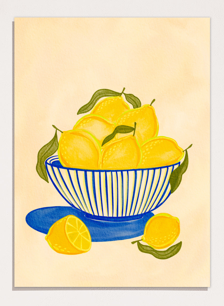 A stylized still life illustration of yellow lemons in a blue-and-white striped bowl with green leaves. Shop Fresh Lemon Bowl by Nikita Jariwala, a kitchen wall art print poster featuring bright yellow lemons, a blue striped bowl, green leaves, and citrus still life.