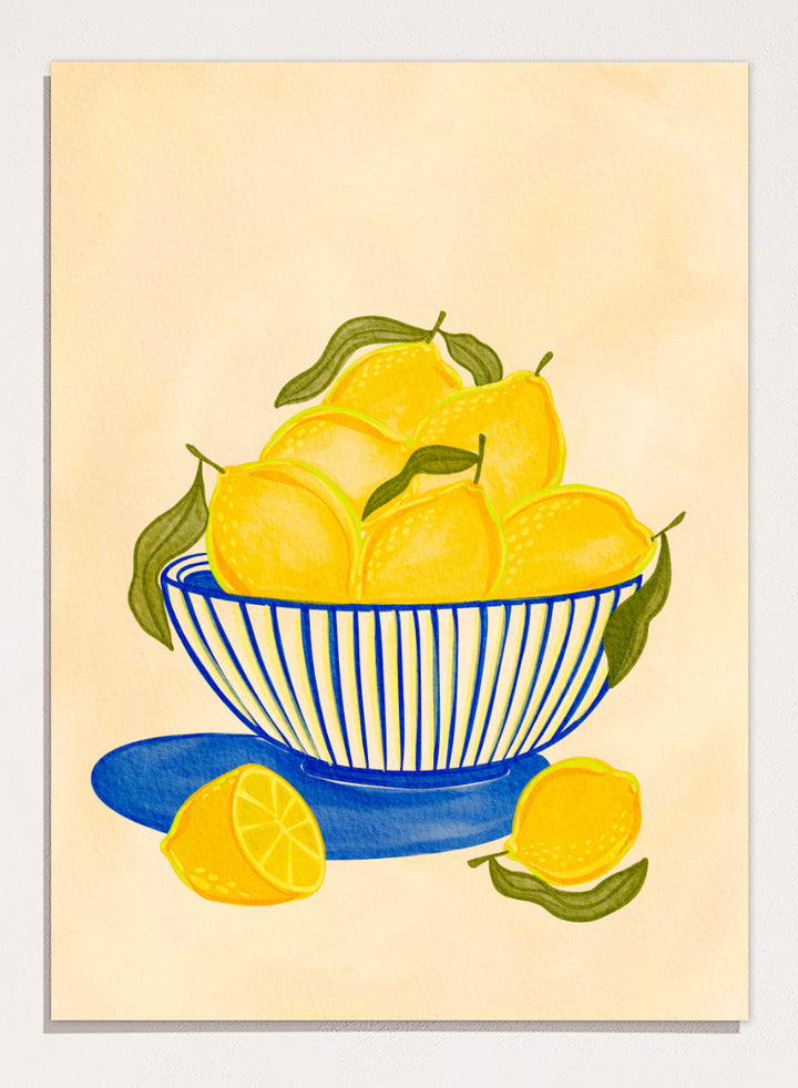 A stylized still life illustration of yellow lemons in a blue-and-white striped bowl with green leaves. Shop Fresh Lemon Bowl by Nikita Jariwala, a kitchen wall art print poster featuring bright yellow lemons, a blue striped bowl, green leaves, and citrus still life.