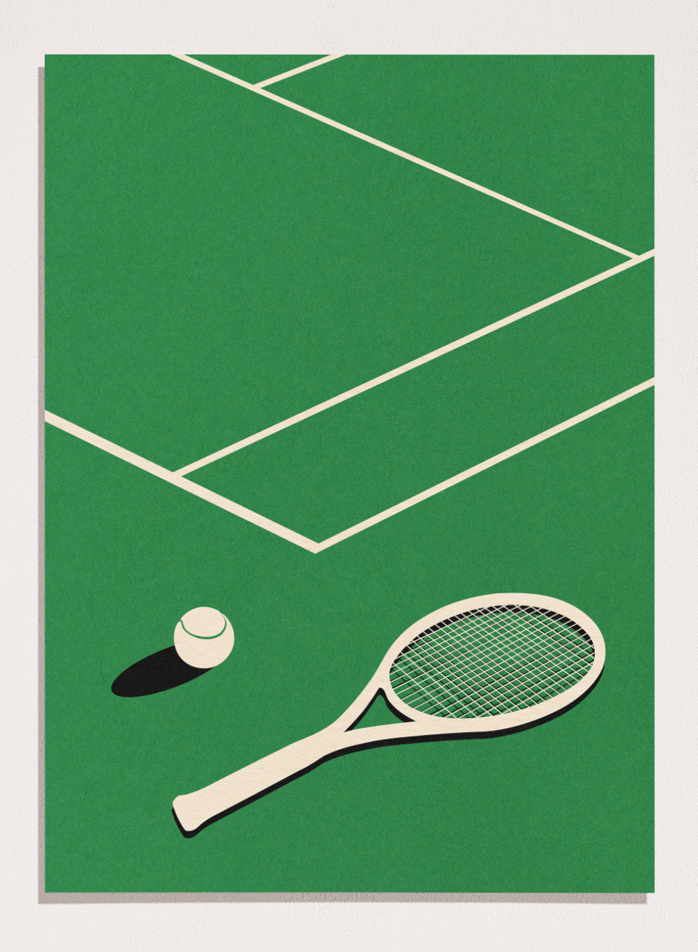 Tennis racket and ball on a green court with white lines. Lawn Tennis Club by Rosi Feist is a minimalist tennis court art print with modern Bauhaus design. Officially licensed fine art poster with framing.