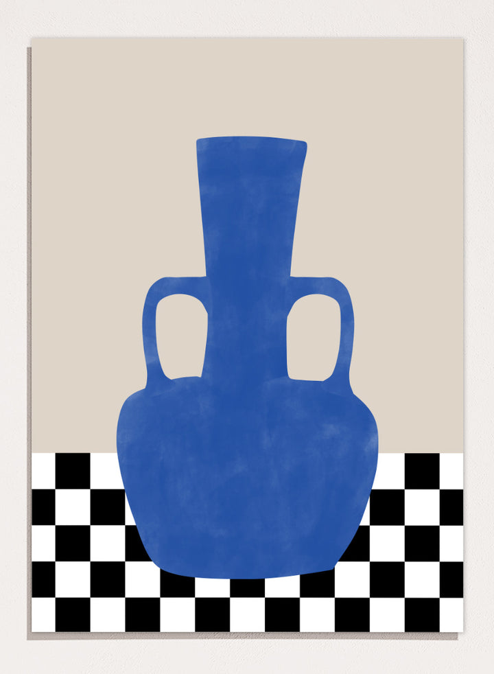 Shop Blue Amphora Still Life by Elena Ristova, a modern still life wall art print poster featuring a cobalt blue vase and bold black-and-white checkerboard pattern.