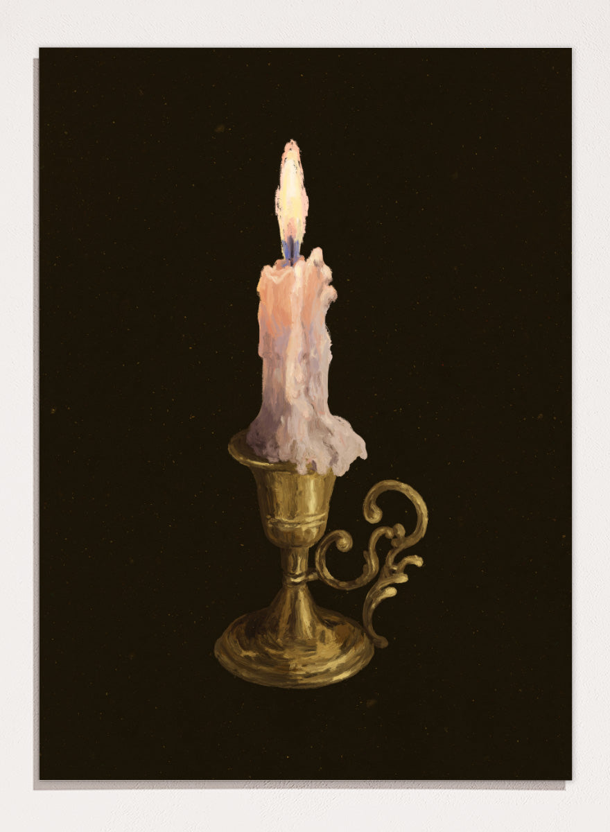 Shop Elegant Brass Candle by NKTN, a candle wall art print poster featuring a glowing taper candle in an ornate brass holder against a dark vintage-style background.