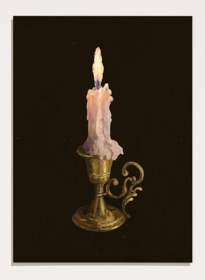 Shop Elegant Brass Candle by NKTN, a candle wall art print poster featuring a glowing taper candle in an ornate brass holder against a dark vintage-style background.