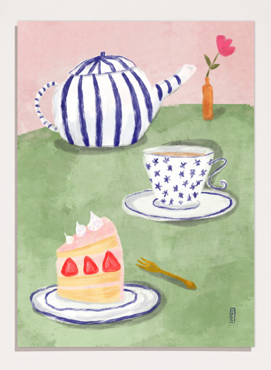 A whimsical watercolor-style illustration of a tea-time scene with a blue-and-white striped teapot, a blue-and-white patterned teacup and saucer, a slice of strawberry cake on a plate, a small gold fork, and a pink background with a vase holding a flower. Shop Strawberry Tea Time by Dirkie Nell, a colorful still life art print featuring strawberry cake, tea, a striped teapot, pink flowers, and retro pastel tones.