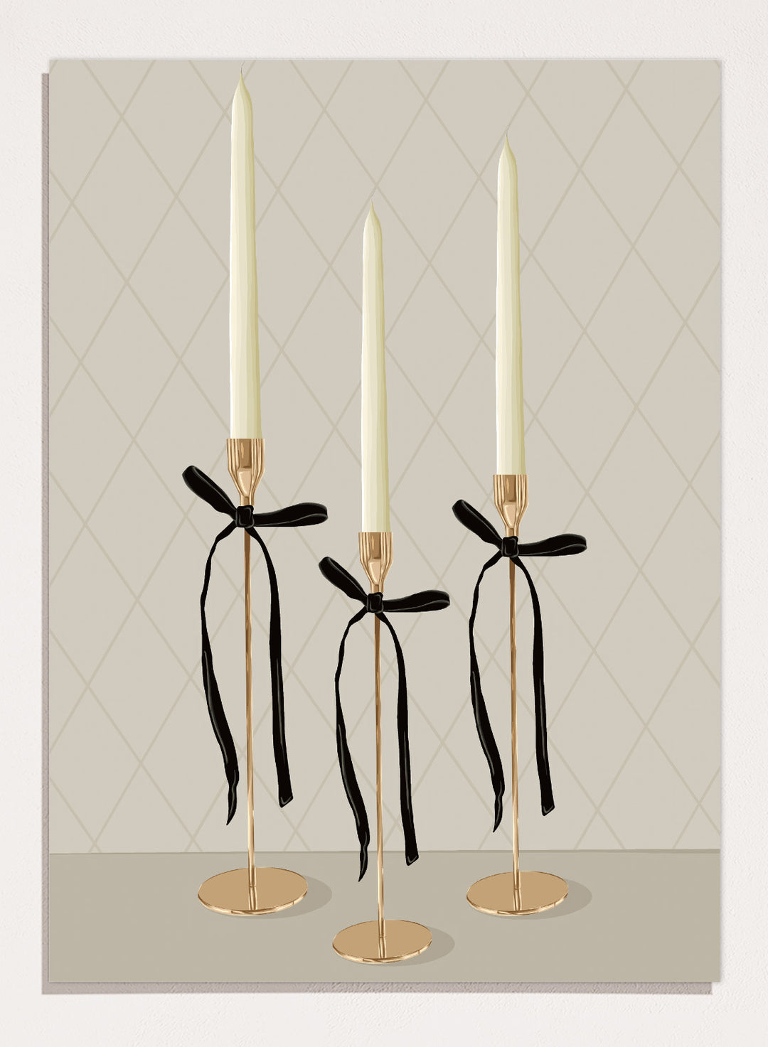 Three gold taper candle holders with cream candles and black ribbon bows, arranged on a light gray surface against a beige diamond-patterned background. Elegant Gold Taper Candles by Lisa Solomoniuk premium framed fine art print featuring gold candlesticks, cream tapers, and long black ribbons.