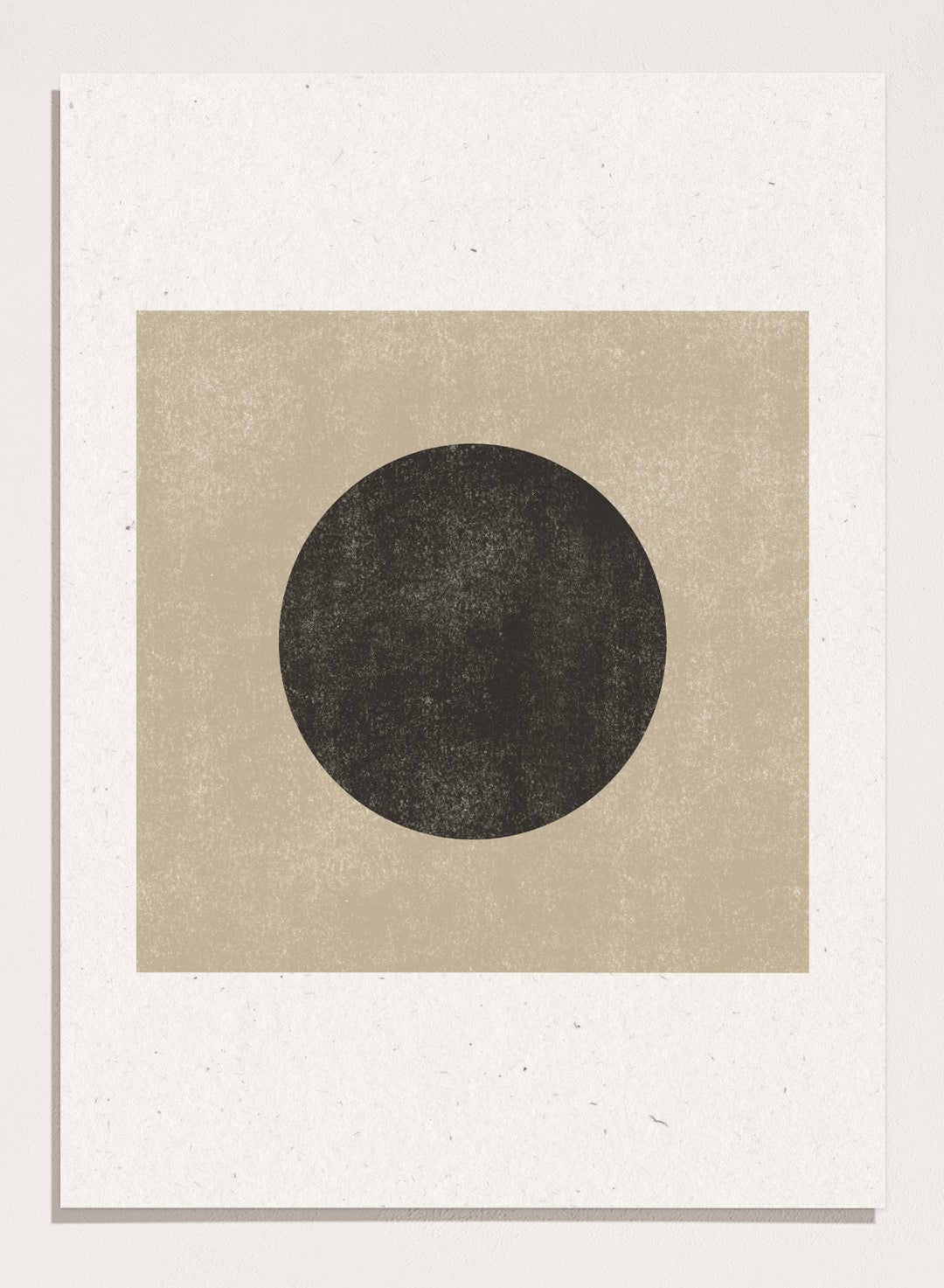 Black circle on beige background. Eclipse Silence by The MIUUS Studio is a minimalist abstract art print and wall poster featuring geometric shapes, neutral tones, and modern textured design.