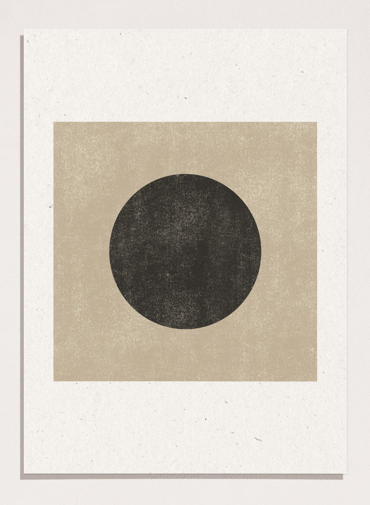 Black circle on beige background. Eclipse Silence by The MIUUS Studio is a minimalist abstract art print and wall poster featuring geometric shapes, neutral tones, and modern textured design.